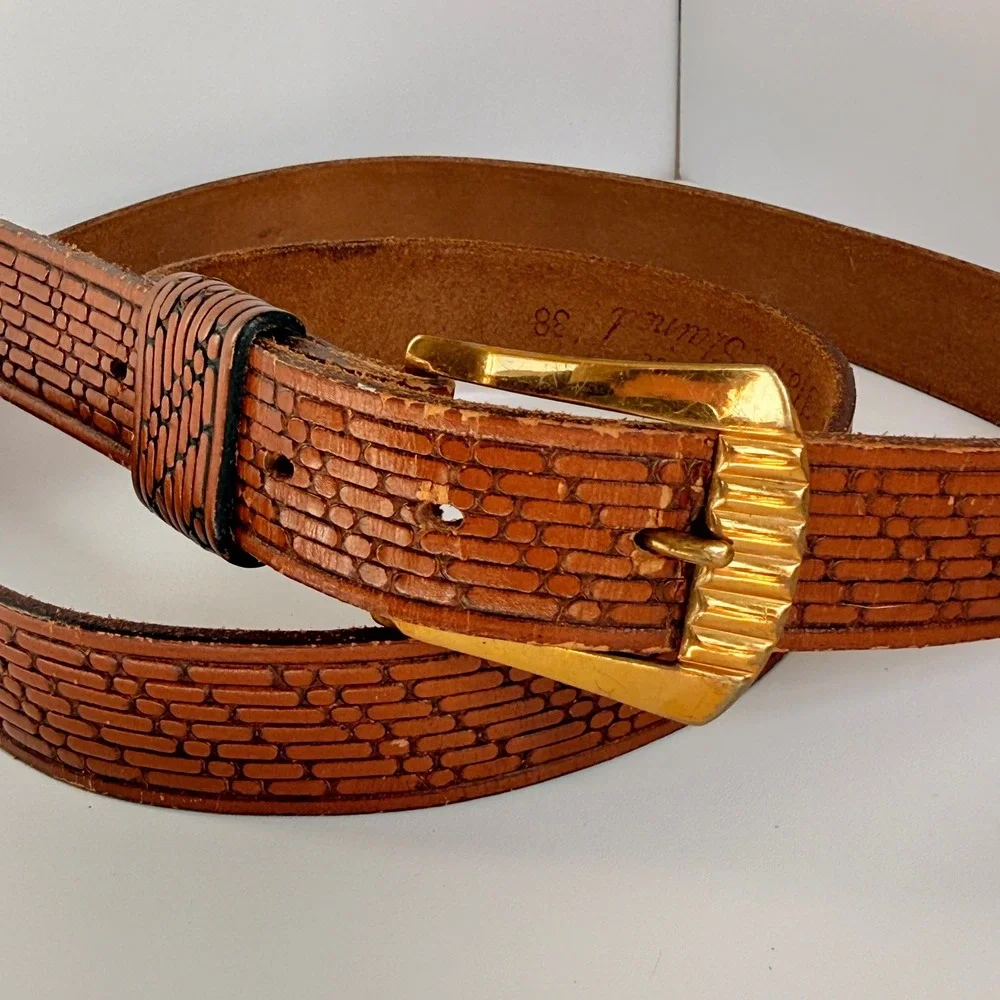Pioneer Cowhide‎ Hand Stained Leather Belt Brown Embossed Brick Pattern retro 38